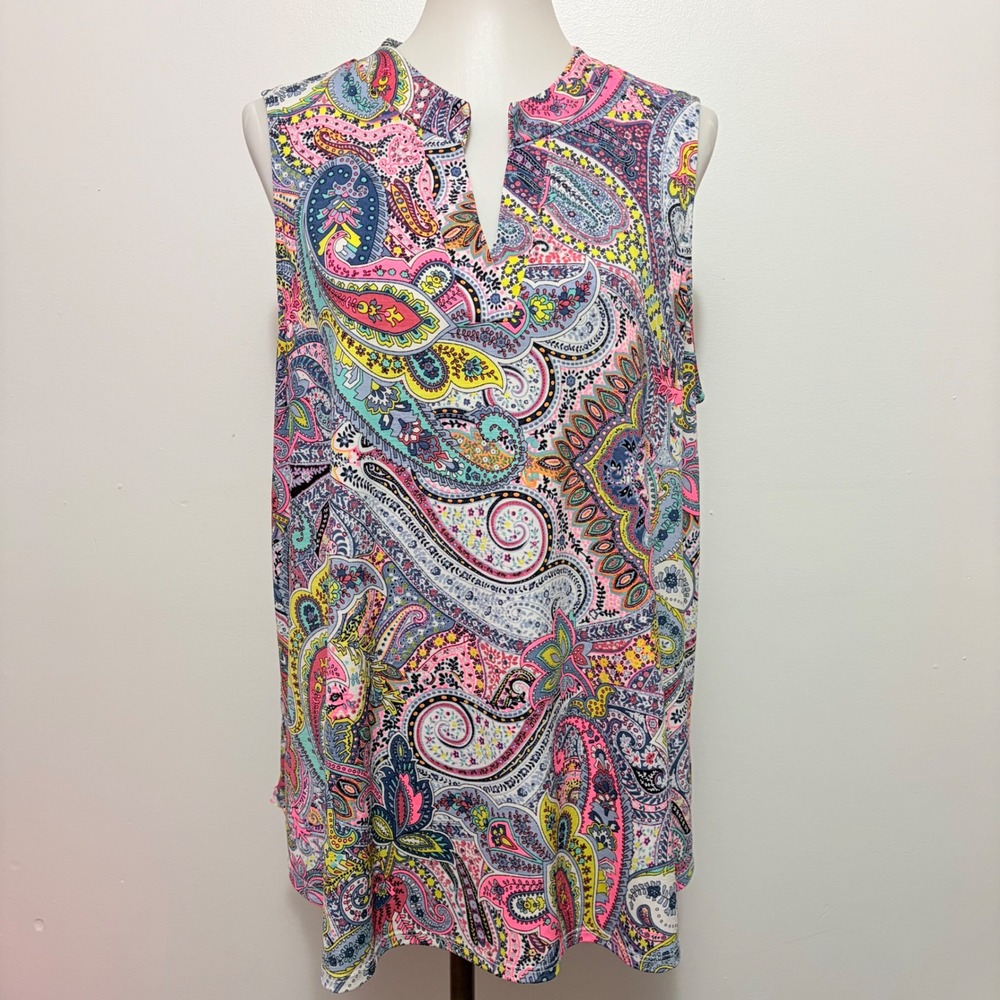 Dear Scarlett Sleeveless Blouse XL Multi Paisley Split Neck Relaxed Fit Top - Picture 2 of 7